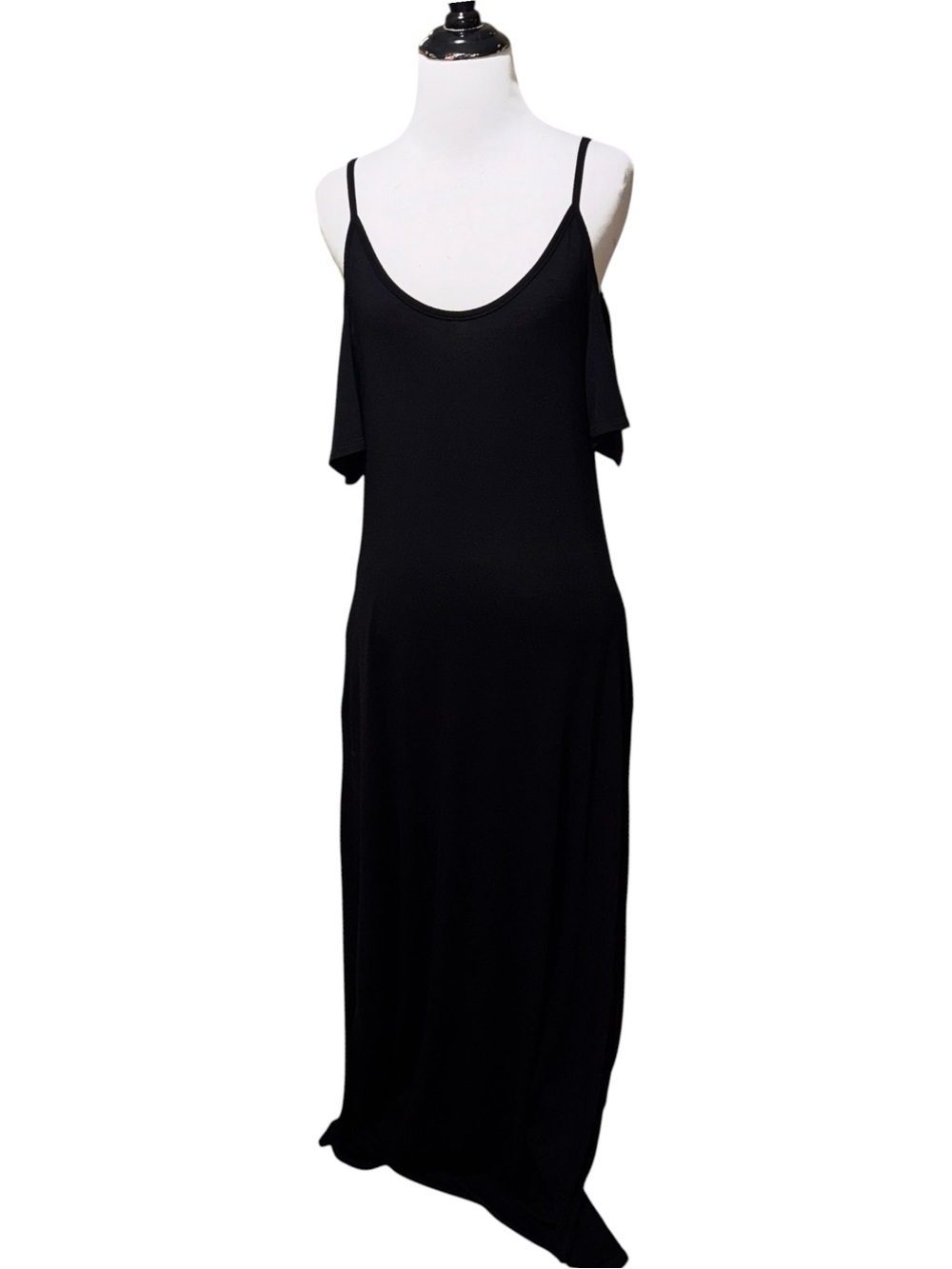 Studio K. Women's S Small Open Shoulder Maxi Dress w. Pockets Thin Straps Black